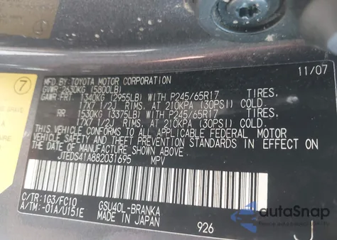 2008 Toyota Highlander из США, поврежденный, VIN JTEDS41A882031695